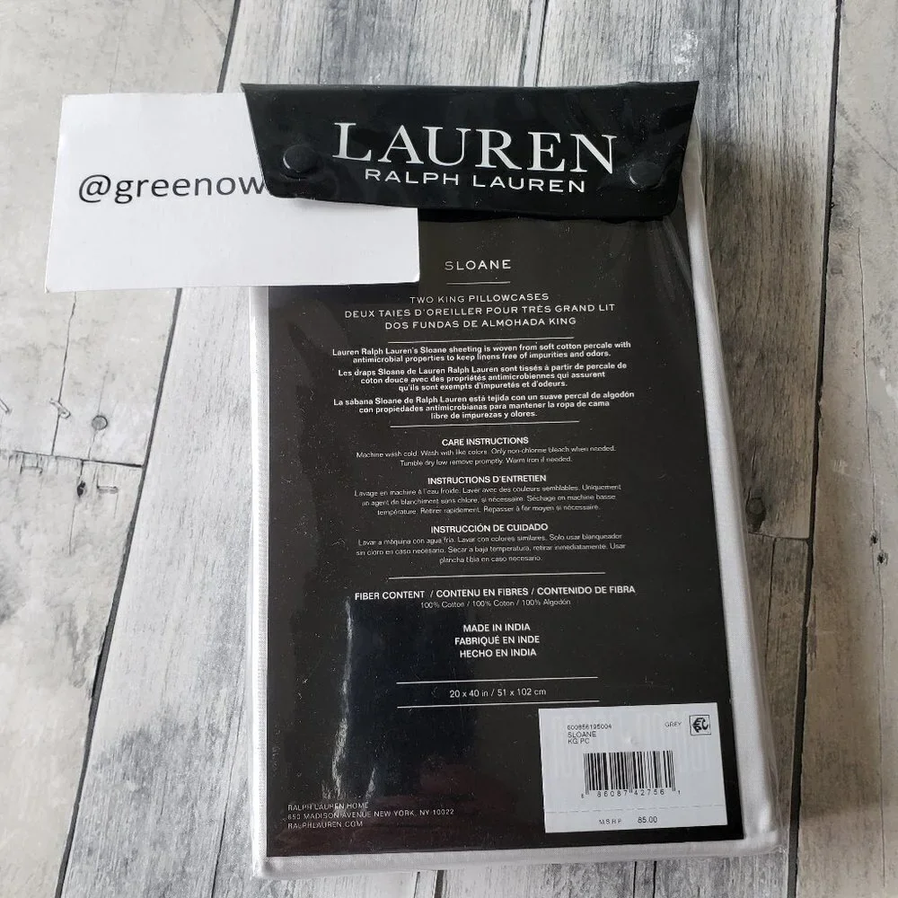 NWT – Ralph Lauren – Sloane Grey Pair of King Pillowcases